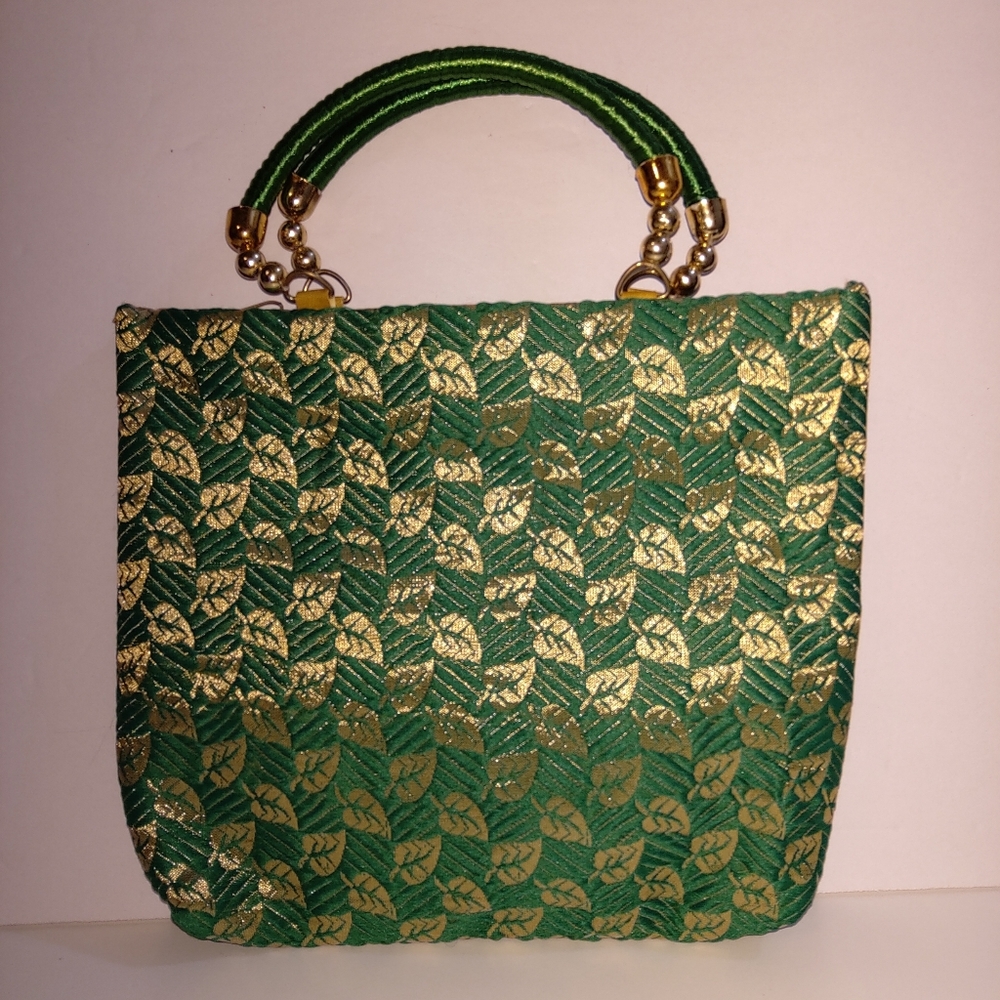 Brocade Gold Leaf Pattern Handbag. Made in India. Fabric.  NEW